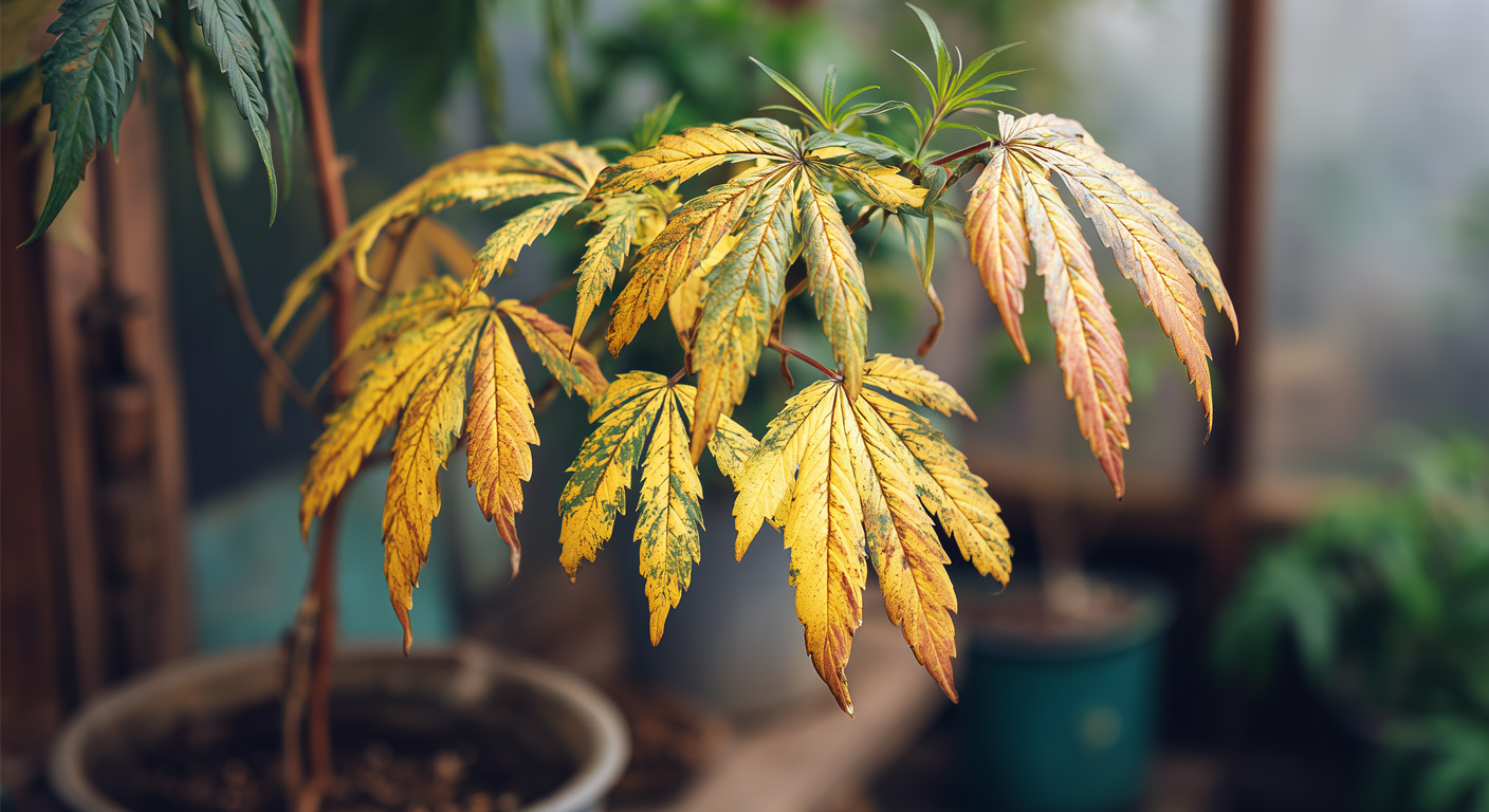 Cannabispflanze mit gelben Blättern Cannabispflanze mit gelben Blättern