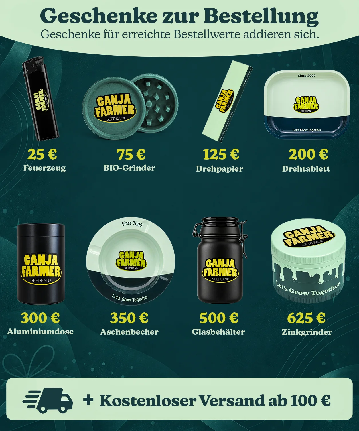 Ganja Farmer-Geschenke für Bestellungen von 25 bis 625 €